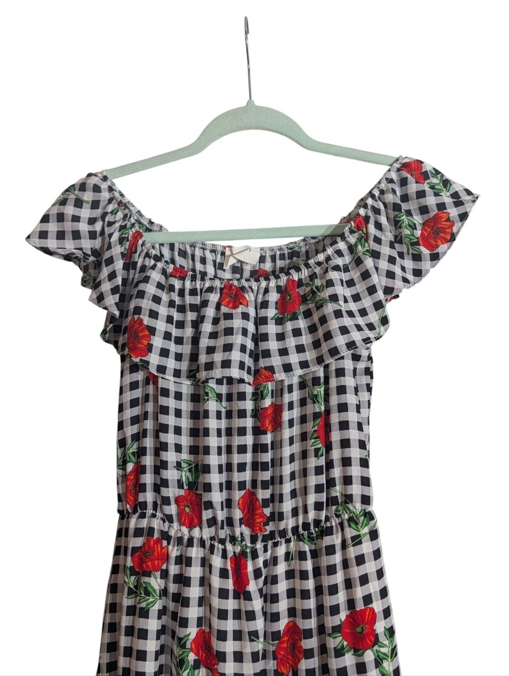 Everly Gingham Poppy Floral Off Shoulder Ruffle Dress Fit & Flare Made in USA S - Picture 3 of 9